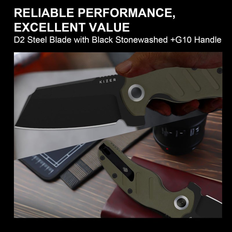 KIZER C01C XL Sheepdog Pocket Knife, 3.9" D2 Sheepsfoot Blade EDC Folding Knife with Green G10 Handle, Liner Lock, Flipper, and Pocket Clip, Camping Survival Knives for Men Women, V5488M1 - Image 5